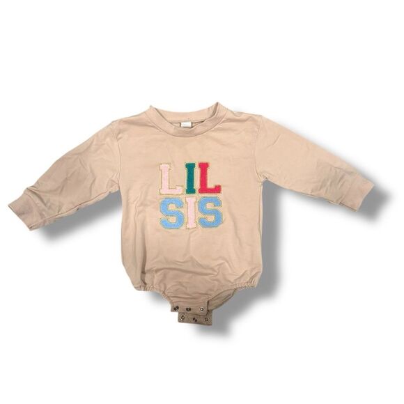 Other - Tan Long Sleeve Baby Onesie with Colorful 'LIL SIS'